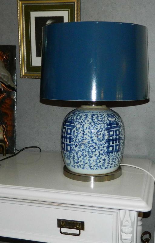 Tischlampe Stehlampe Porzellan japanisch/asiatisch blau + blauer Schirm