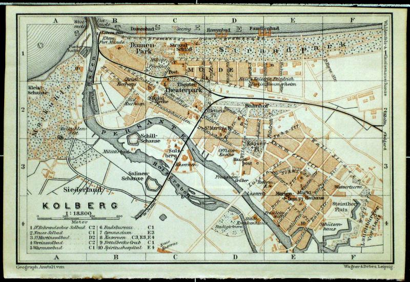KOLBERG (Kołobrzeg), alter farbiger Stadtplan, gedruckt um 1900