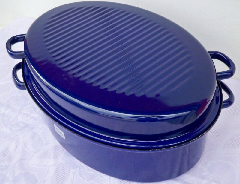 Gänsebräter blau oval 42cm mit Deckel von Riess Email