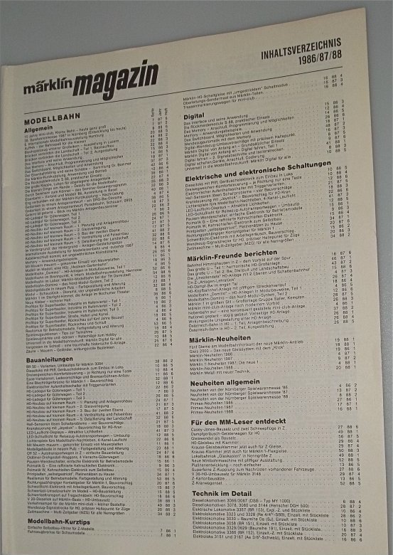 Märklin Magazin Inhaltsverzeichnis 1986/87/88