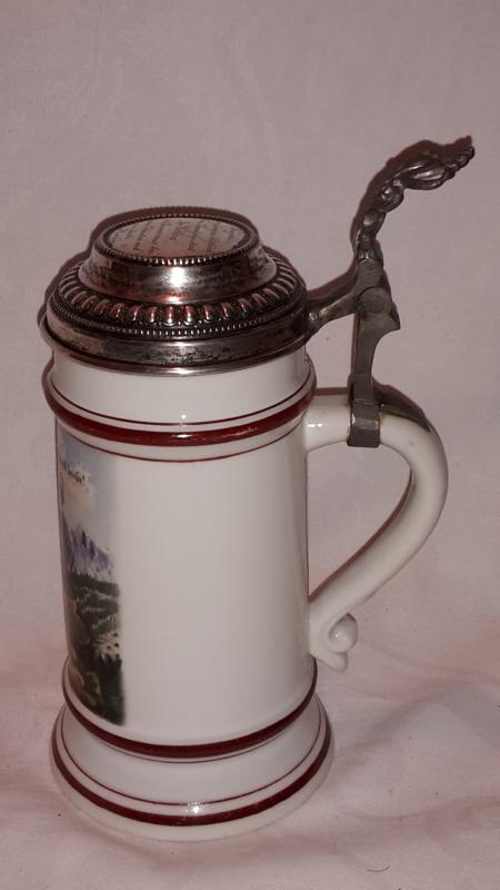 Antiker Porzellan Krug Deckel 800 Silber und Lithophanie Landphysikus