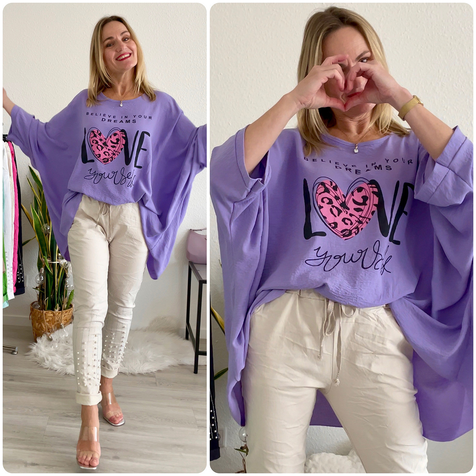 Damen Oversize Italy Tunika Bluse Love lila