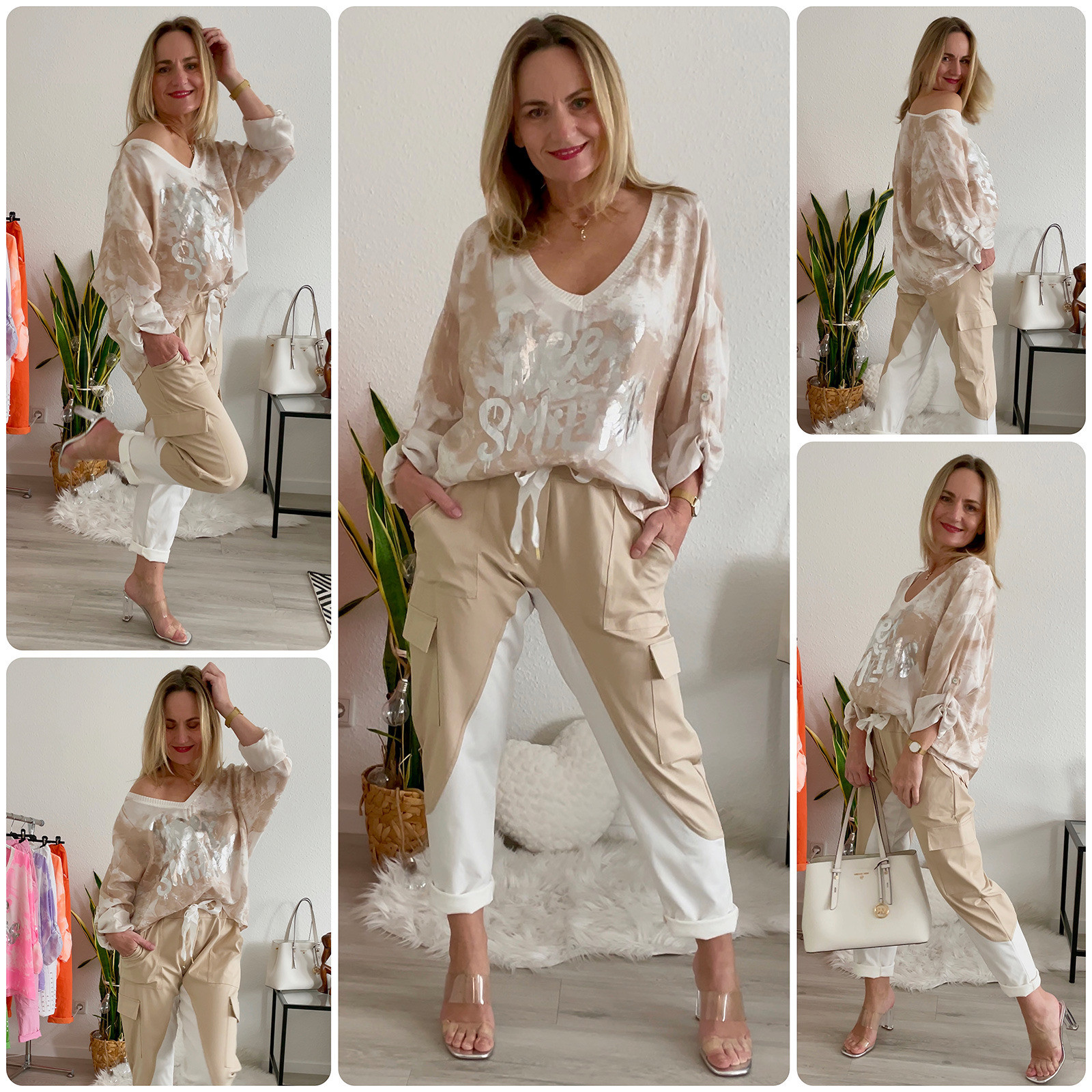 Damen Oversize Italy Tunika Bluse beige weiss Made in Italy Damenmode 2023