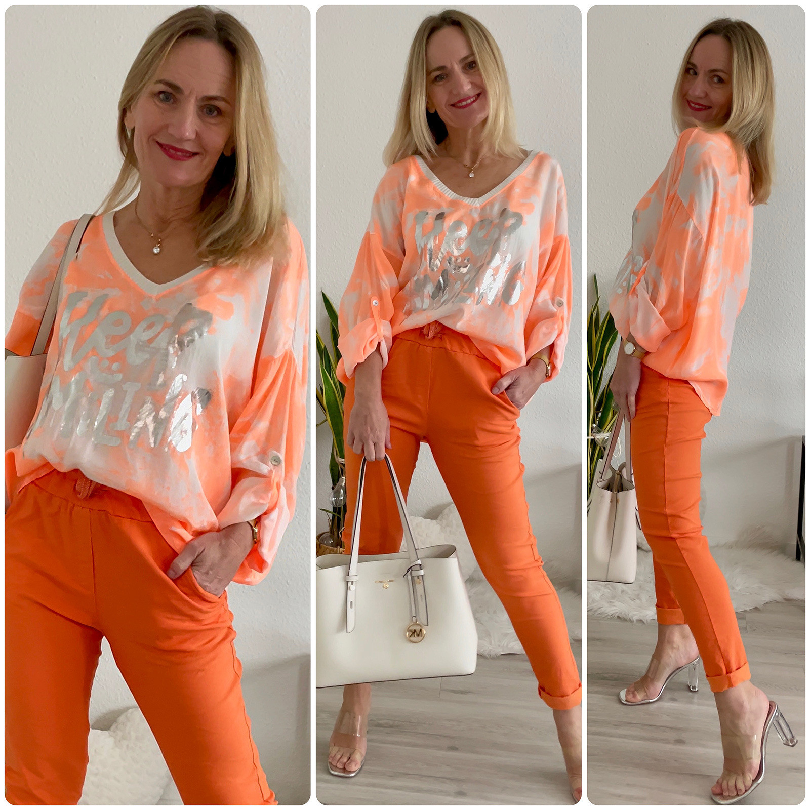 Damen Oversize Italy Tunika Bluse orange weiss Made in Italy Damenmode 2023