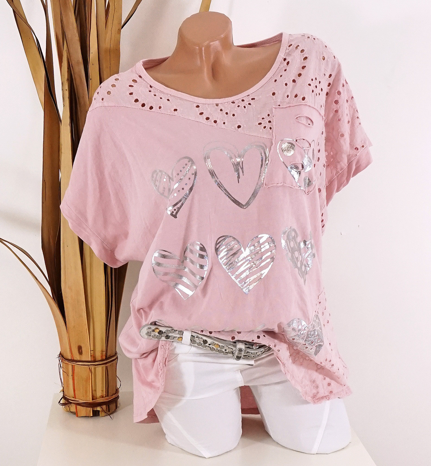 Made in Italy rosa Shirt mit Lockstickerei Spitze vintage Herz