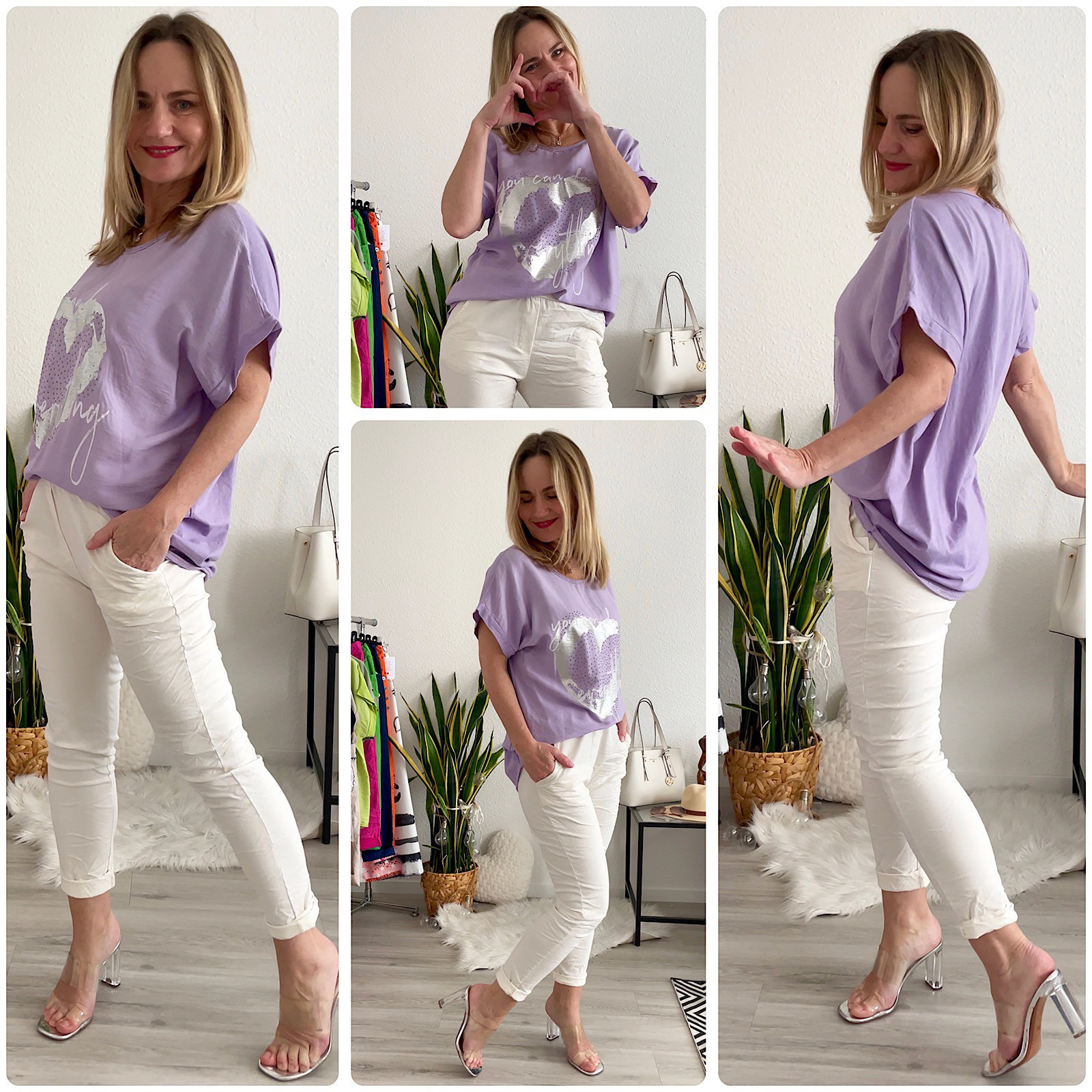 Made in Italy lila Shirt mit silber Herz Strass 