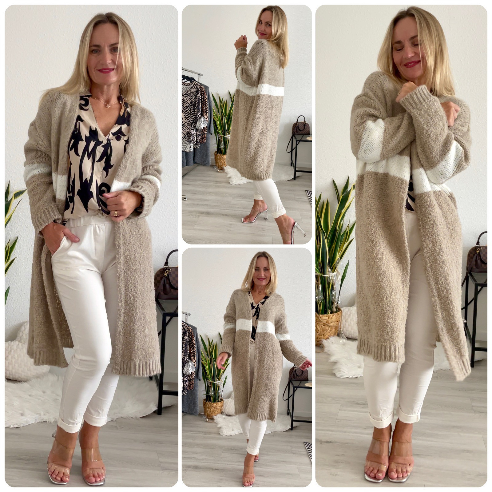 italienische Mode Damen Strickmantel taupe beige oversize online kaufen